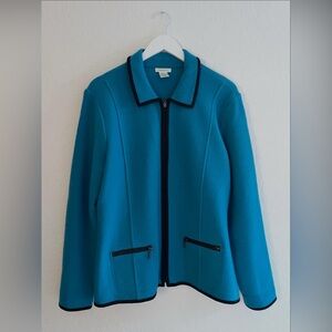 Vintage Laura Ashley Wool Jacket Teal 100% Wool Zippered Jacket Black Trim